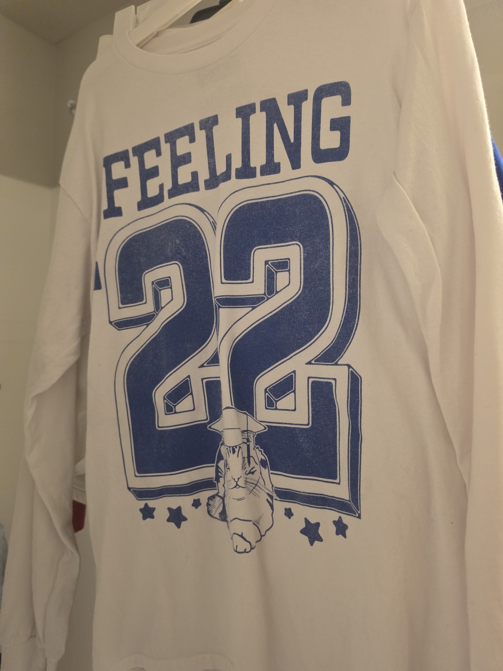 Taylor Swift White Long-Sleeve 'Feeling 22' Graphic Tee with Blue Print
